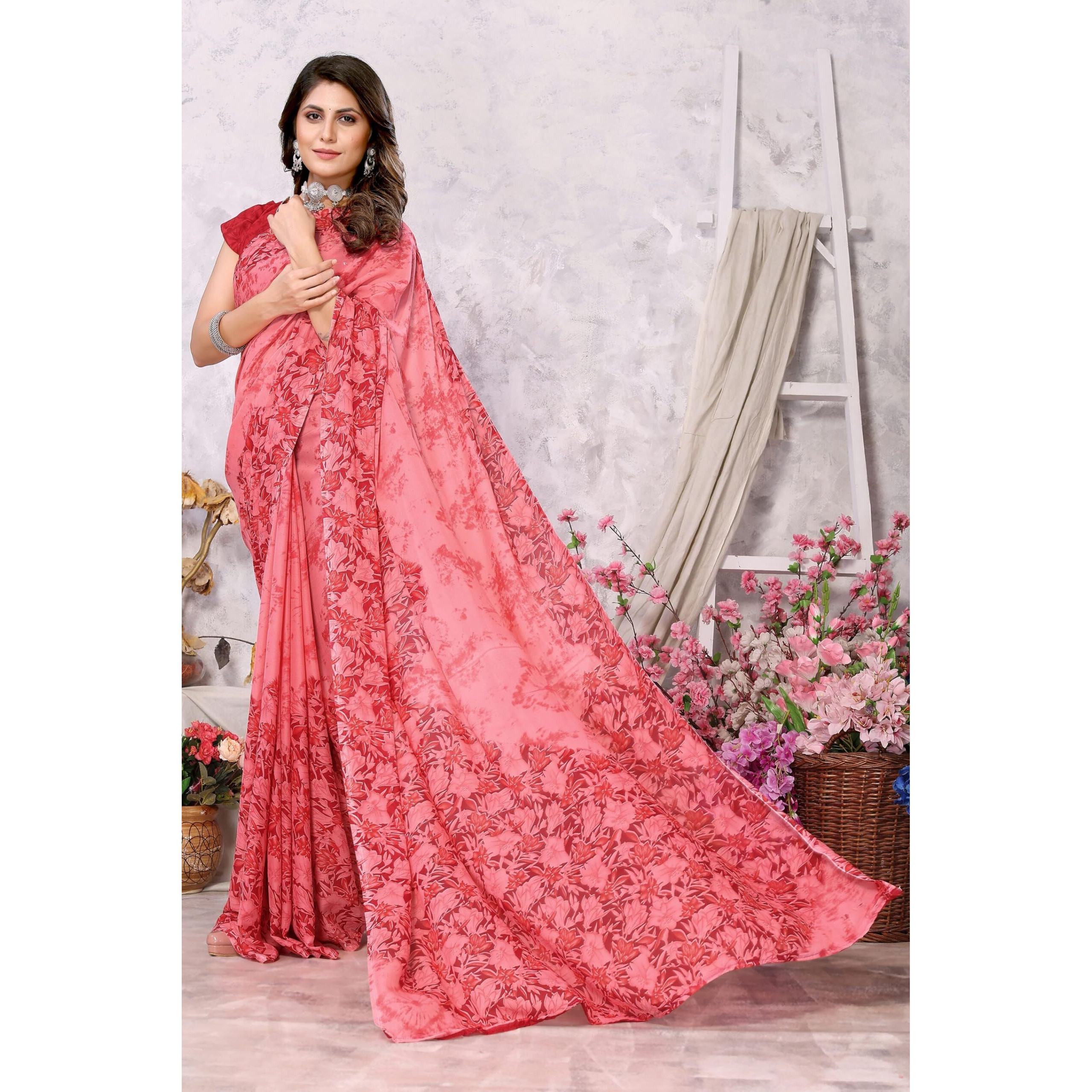 Yashika Women's Trendy Printed Georgette Peach Color Saree with Blouse Material(JANUJA PEACH)