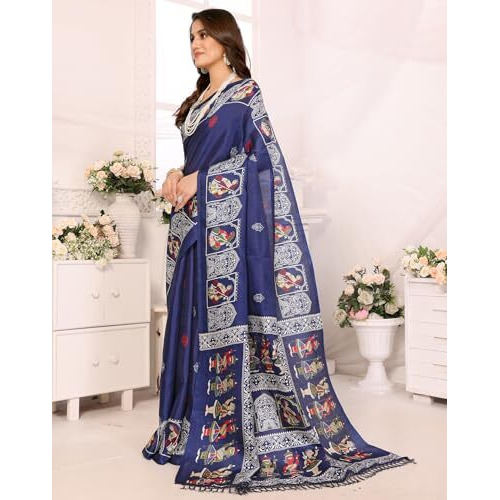 Yashika Women's Woven Latest Art Silk and Tassels Saree with Unstitched Blouse Material (AZ-YS-P1-NAFIZA-Parent_Navy)
