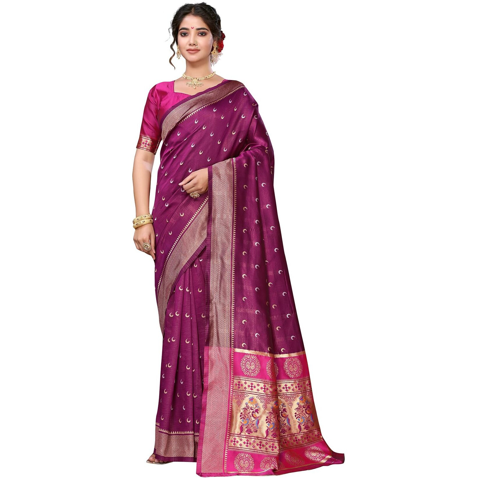 Yashika Women's Cotton Blend Chandrakor Paithani Saree in Golden Zari Border, Saree with Crescent Moon Motifs and Peacock Design, Includes Unstitched Blouse Material (AZ-YS-P1-CHANDRA PURPLE)