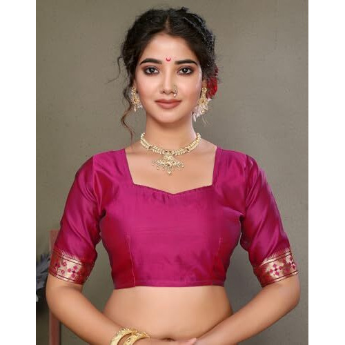 Yashika Women's Cotton Blend Chandrakor Paithani Saree in Golden Zari Border, Saree with Crescent Moon Motifs and Peacock Design, Includes Unstitched Blouse Material (AZ-YS-P1-CHANDRA PURPLE)