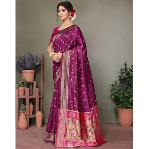 Yashika Women's Cotton Blend Chandrakor Paithani Saree in Golden Zari Border, Saree with Crescent Moon Motifs and Peacock Design, Includes Unstitched Blouse Material (AZ-YS-P1-CHANDRA PURPLE)
