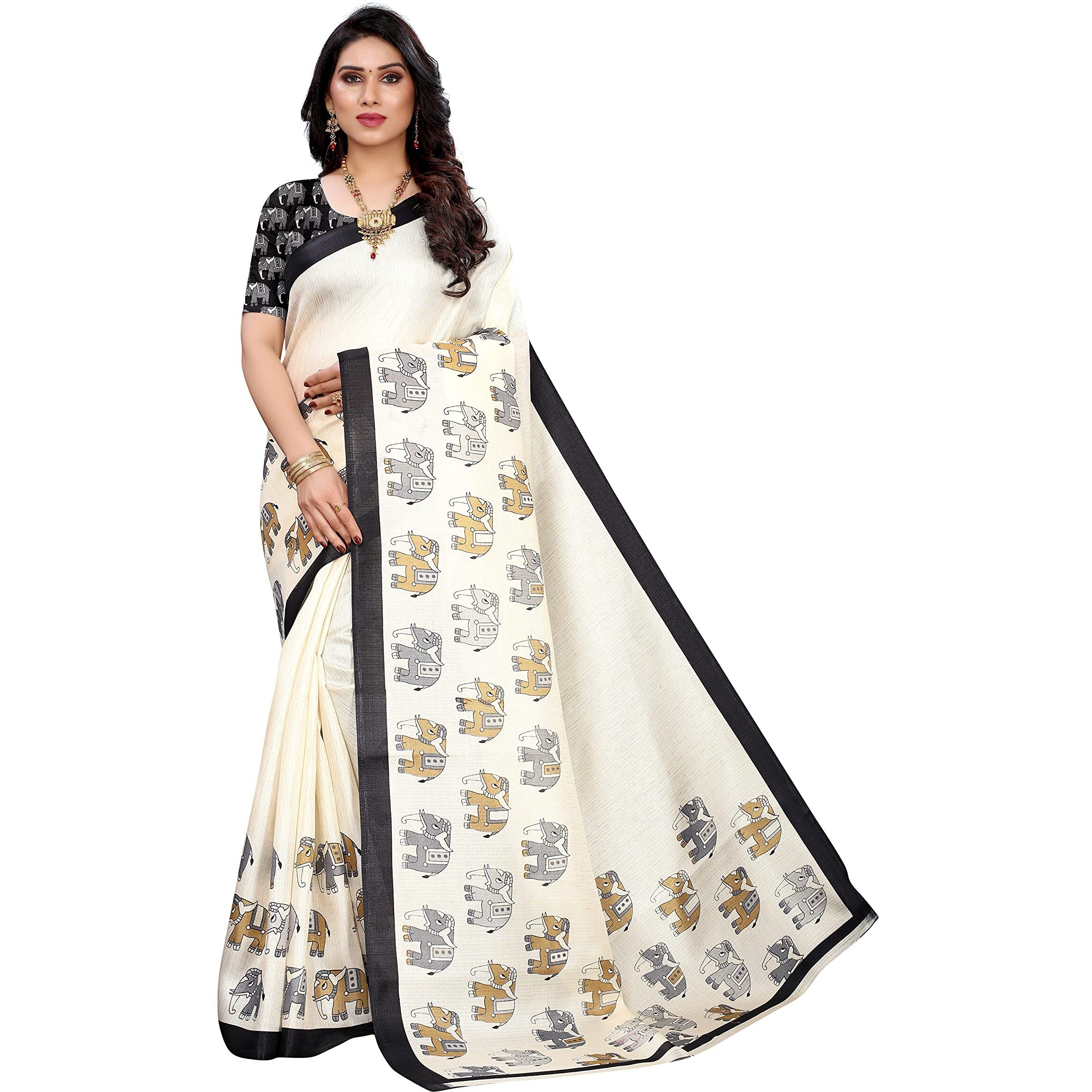 Yashika Women's Art Silk Printed Saree With Blouse Piece(SANVI BLACK_Free Size)