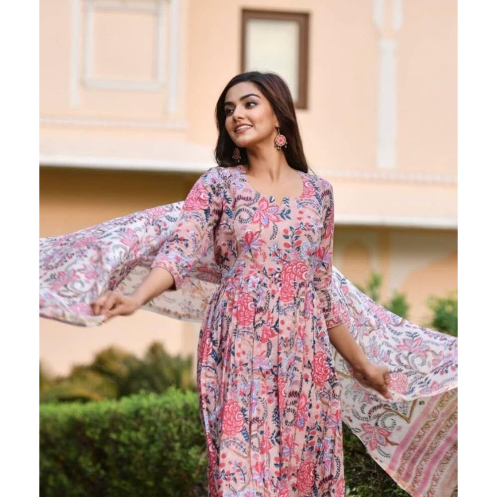 Yashika Women's Stylish Printed Cotton Blend Kurta Pant Dupatta Set - Trendy Ethnic Wear for a Fashionable Look (AZ-YS-OG-KS2092-XXL) Pink
