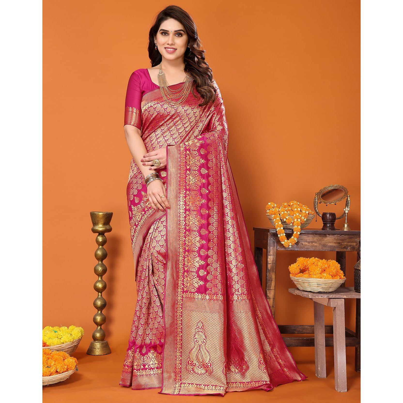 Yashika Present Banarasi Kanjivaram Silk Saree For Fashionable Women||Pink Coloured Silk Kanjivaram Saree|| AZ-YS-P1-MALIYA PINK New