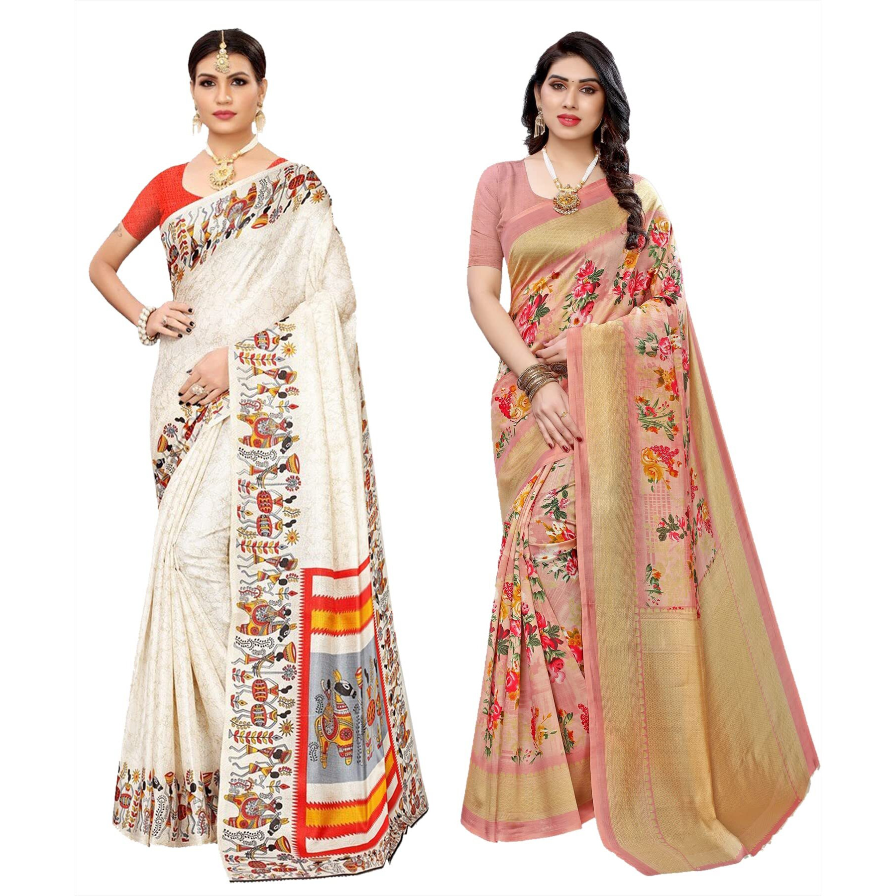 Yashika Women's Combo Art Silk Printed Saree With Blouse Piece Pack Of 2(VIVO ORANGE-AIR PEACH)