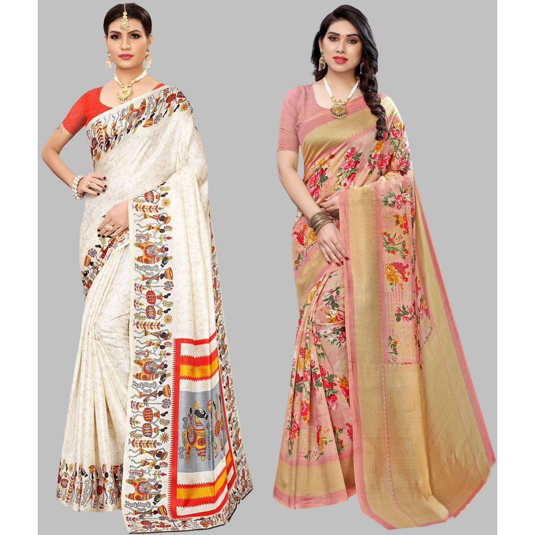 Yashika Women's Combo Art Silk Printed Saree With Blouse Piece Pack Of 2(VIVO ORANGE-AIR PEACH)