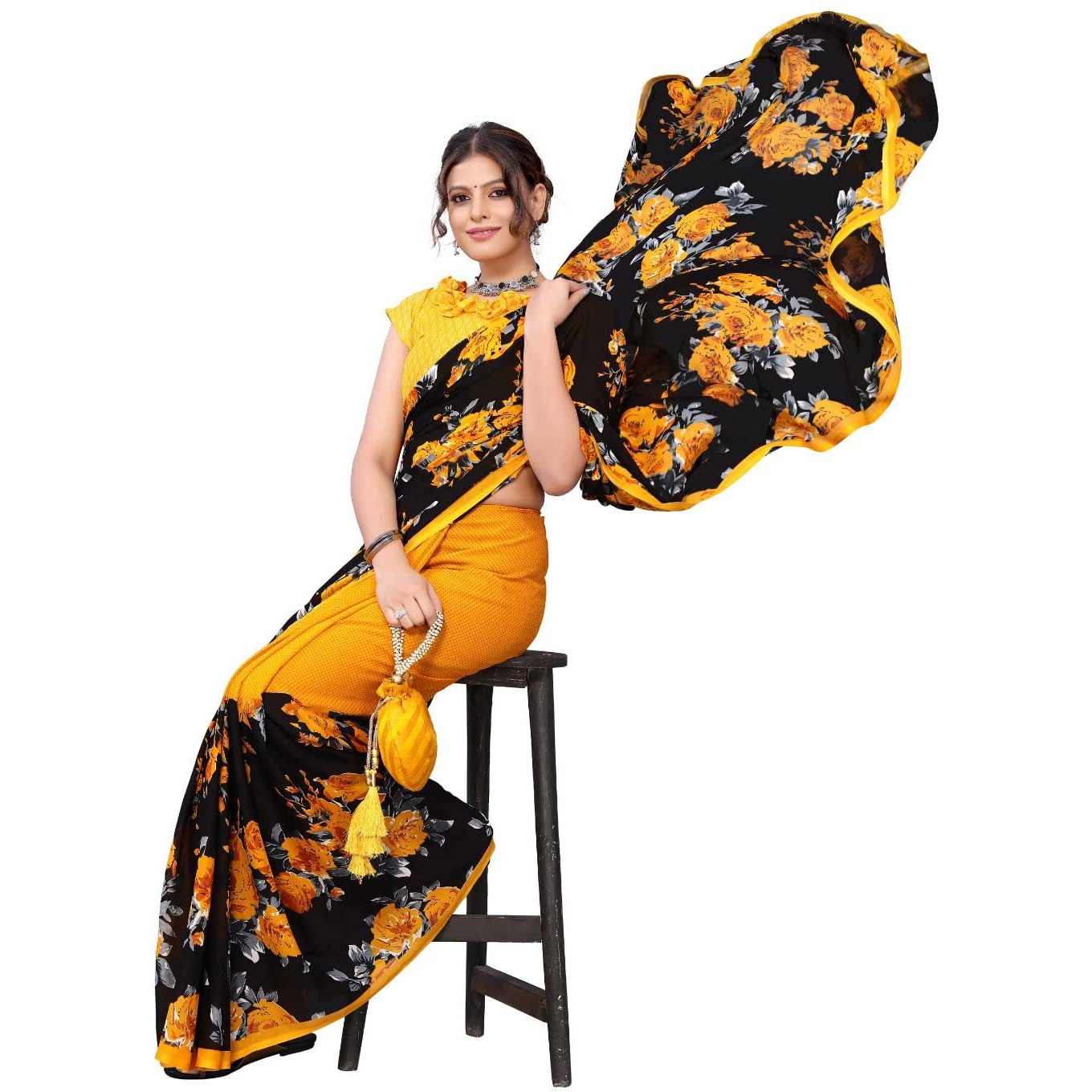 Yashika Women's Jacquard Georgette Saree (Floral Yellow_W