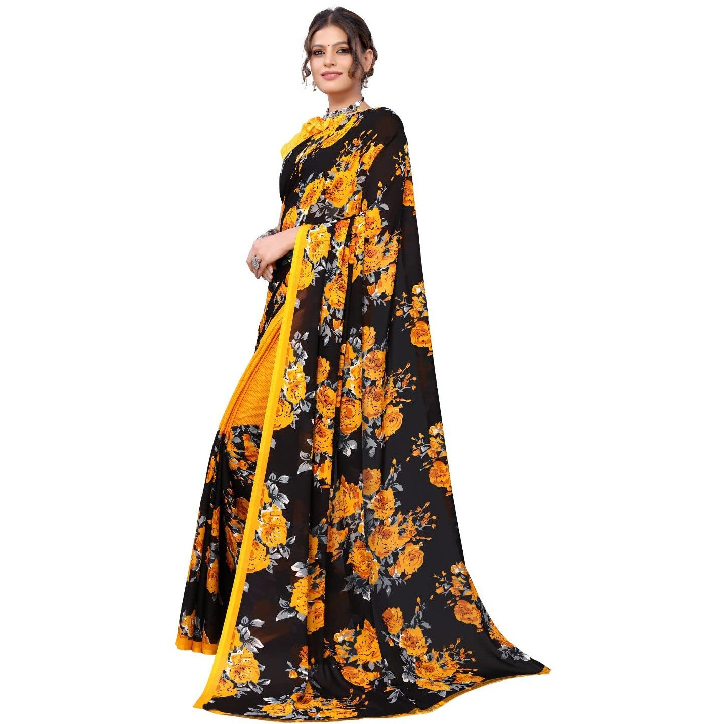 Yashika Women's Jacquard Georgette Saree (Floral Yellow_W