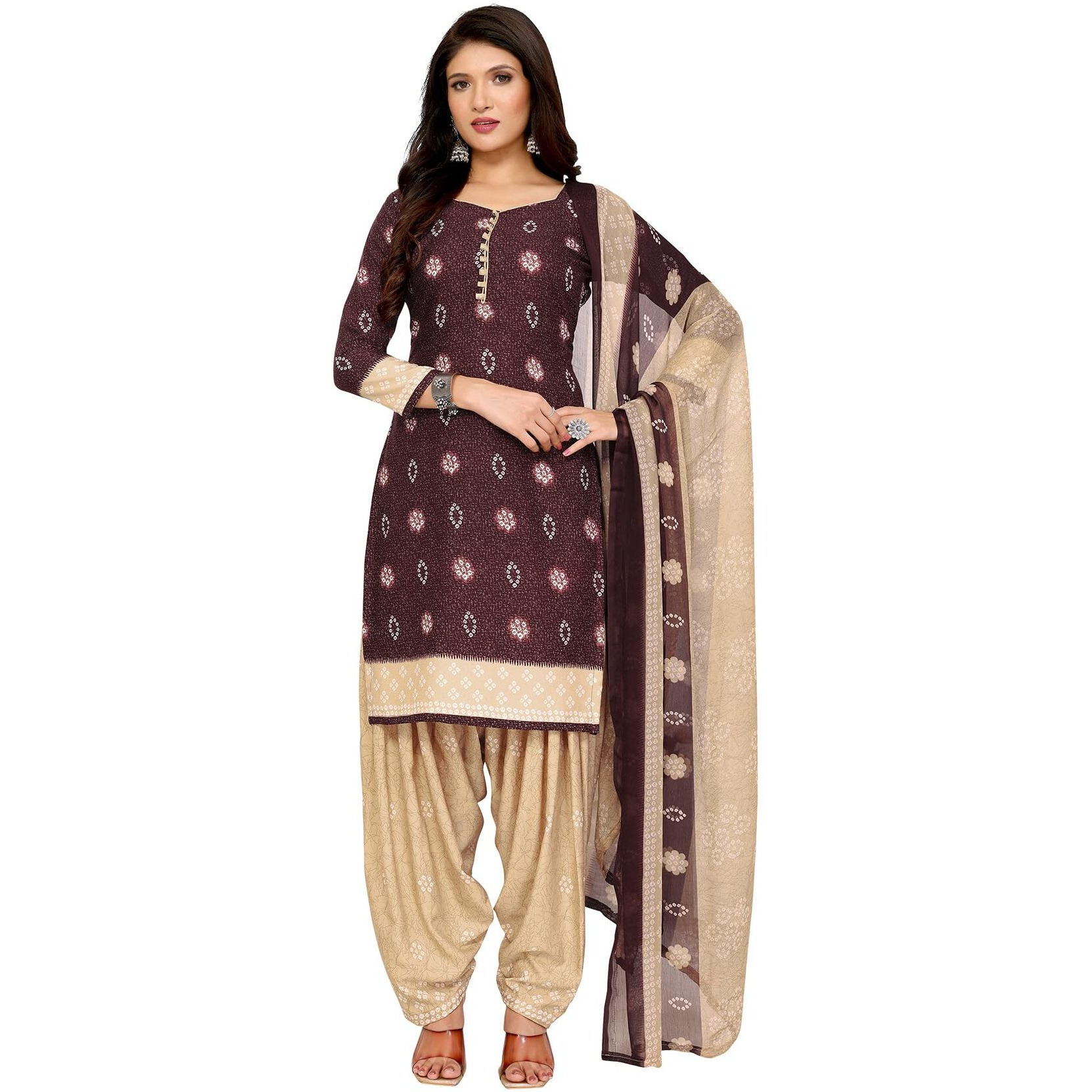 Yashika Women's Printed Dress Material - Unstitched Crepe Fabric Kurti, Pants & Dupatta Set (AZ-YS-P1-CHILPA MAROON)