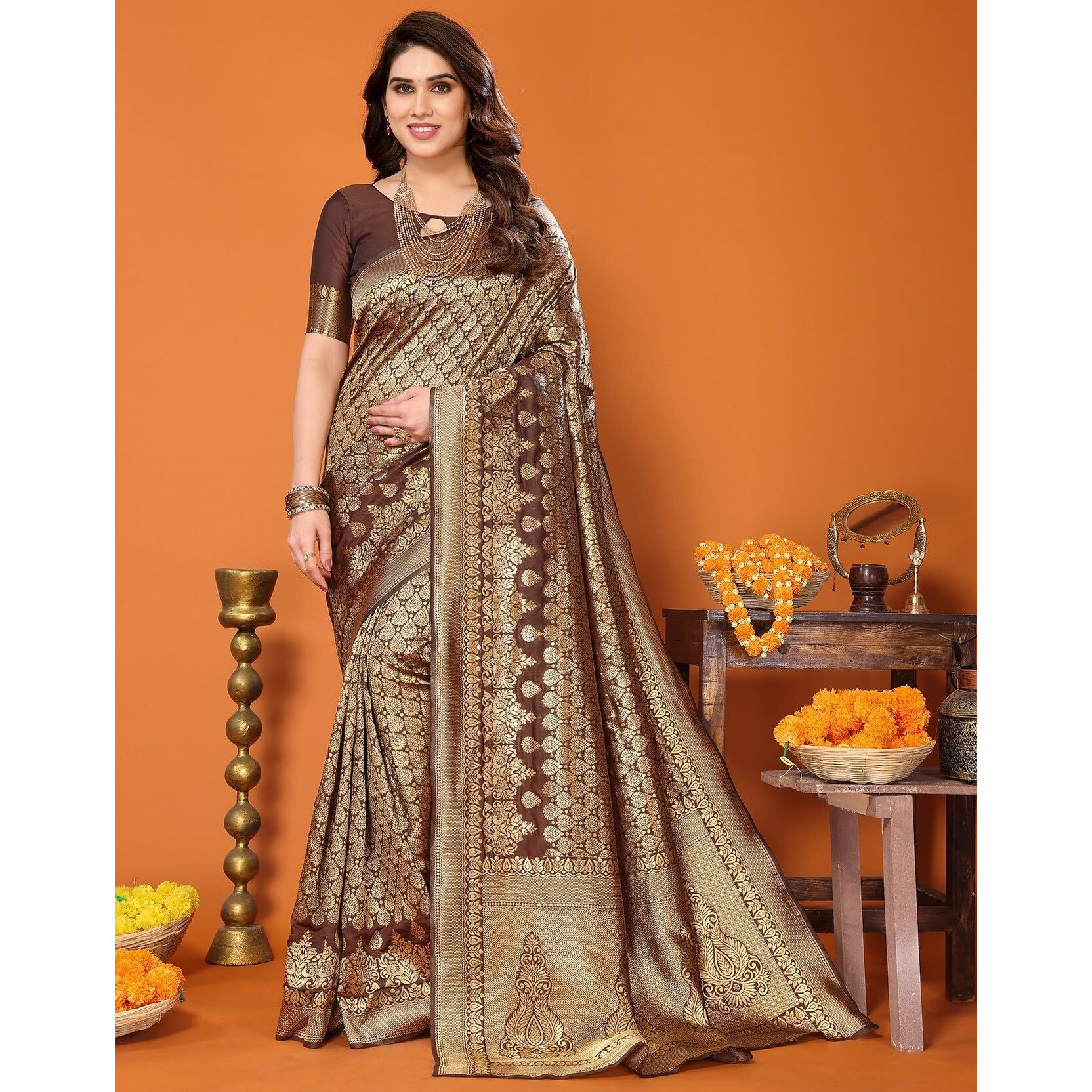 Yashika Present Banarasi Kanjivaram Silk Saree For Fashionable Women||Brown Coloured Silk Kanjivaram Saree|| AZ-YS-P1-MALIYA BROWN New