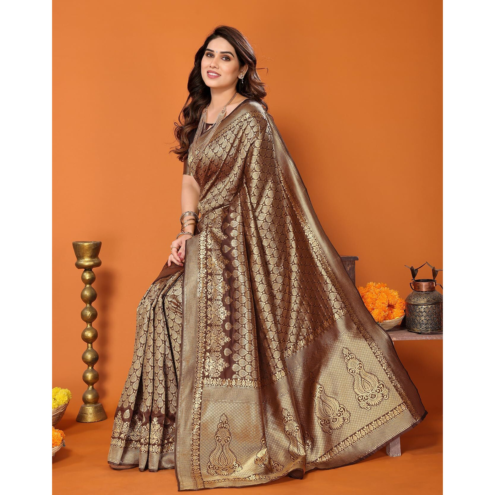 Yashika Present Banarasi Kanjivaram Silk Saree For Fashionable Women||Brown Coloured Silk Kanjivaram Saree|| AZ-YS-P1-MALIYA BROWN New