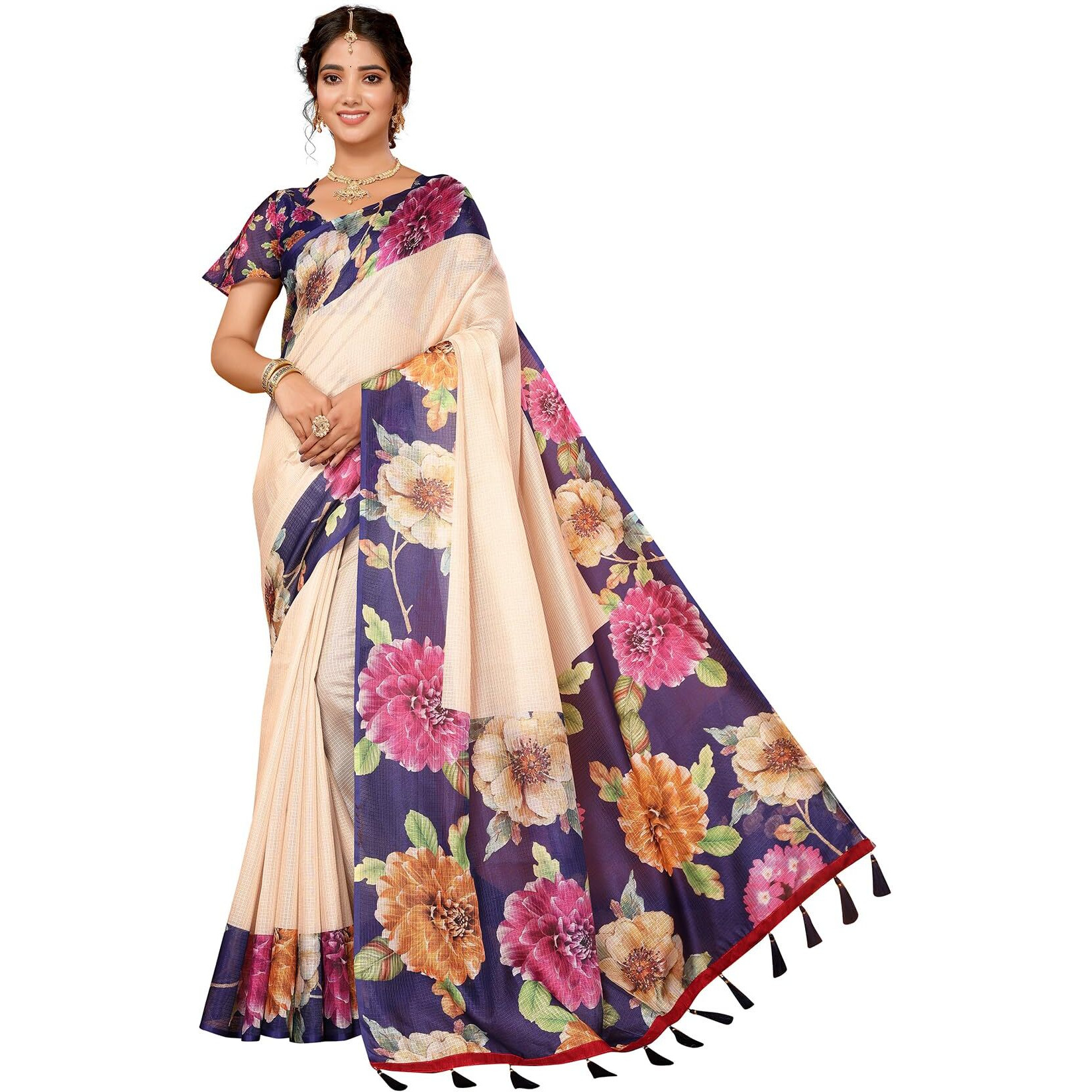 Yashika Digital Print Cotton Silk Kota Checks with Tassels Unstitched Blouse Material Printed Stylish Saree for Women (AZ-YS-P1-KIRTI-Parent_Navy)
