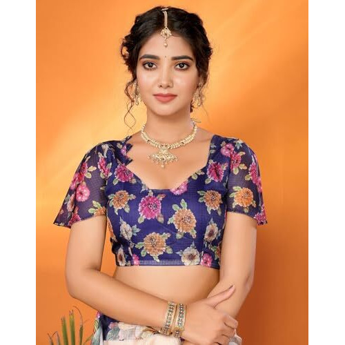 Yashika Digital Print Cotton Silk Kota Checks with Tassels Unstitched Blouse Material Printed Stylish Saree for Women (AZ-YS-P1-KIRTI-Parent_Navy)