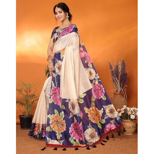 Yashika Digital Print Cotton Silk Kota Checks with Tassels Unstitched Blouse Material Printed Stylish Saree for Women (AZ-YS-P1-KIRTI-Parent_Navy)
