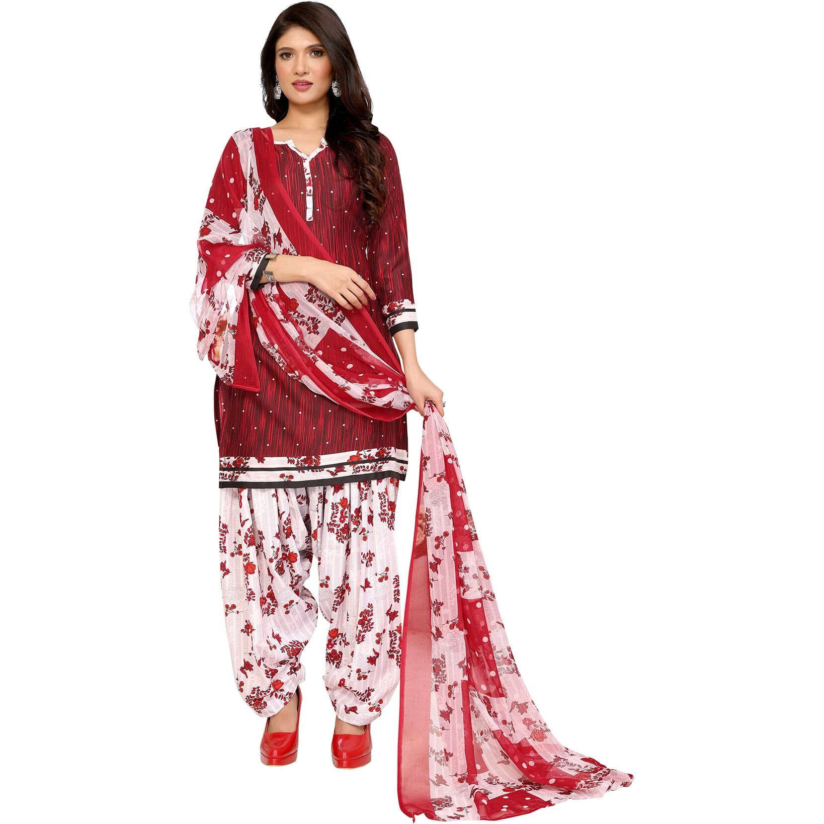 Yashika Women's Printed Dress Material - Unstitched Crepe Fabric Kurti, Pants & Dupatta Set (AZ-YS-P1-ABHILASHA RED)
