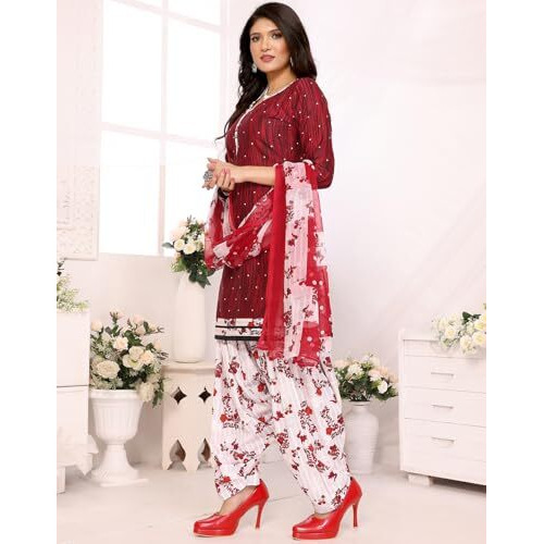 Yashika Women's Printed Dress Material - Unstitched Crepe Fabric Kurti, Pants & Dupatta Set (AZ-YS-P1-ABHILASHA RED)