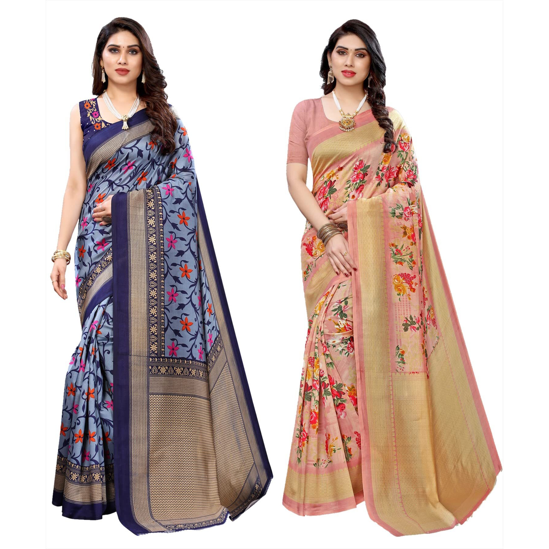 Yashika Women's Combo Art Silk Printed Saree With Blouse Piece Pack Of 2(SWATI NAVY-AIR PEACH)