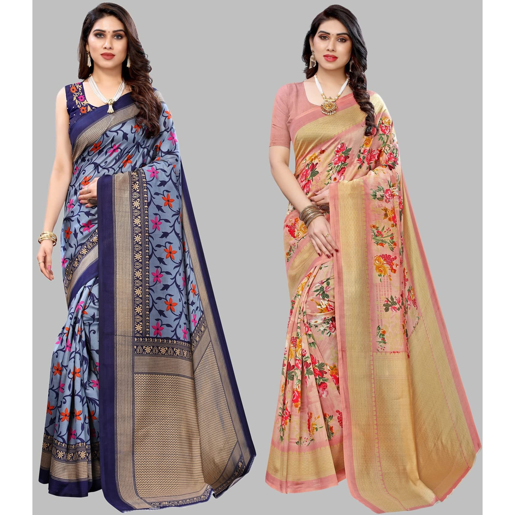 Yashika Women's Combo Art Silk Printed Saree With Blouse Piece Pack Of 2(SWATI NAVY-AIR PEACH)