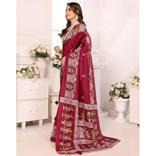 Yashika Women's Woven Latest Art Silk and Tassels Saree with Unstitched Blouse Material (AZ-YS-P1-NAFIZA-Parent_Maroon)