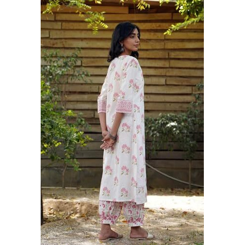 Yashika Women's Floral Regular Kurta Elegance Meets Comfort in Style Stay Comfortable Yet Stylish with Our Cotton Blend Kurti Pant Sets (AZ-YS-OG-KS2145-Parent_Pink_M)