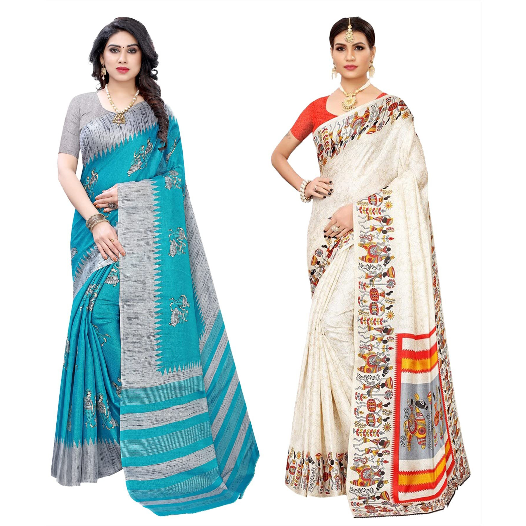 Yashika Women's Combo Art Silk Printed Saree With Blouse Piece Pack Of 2(NAURTA BLUE-VIVO ORANGE)