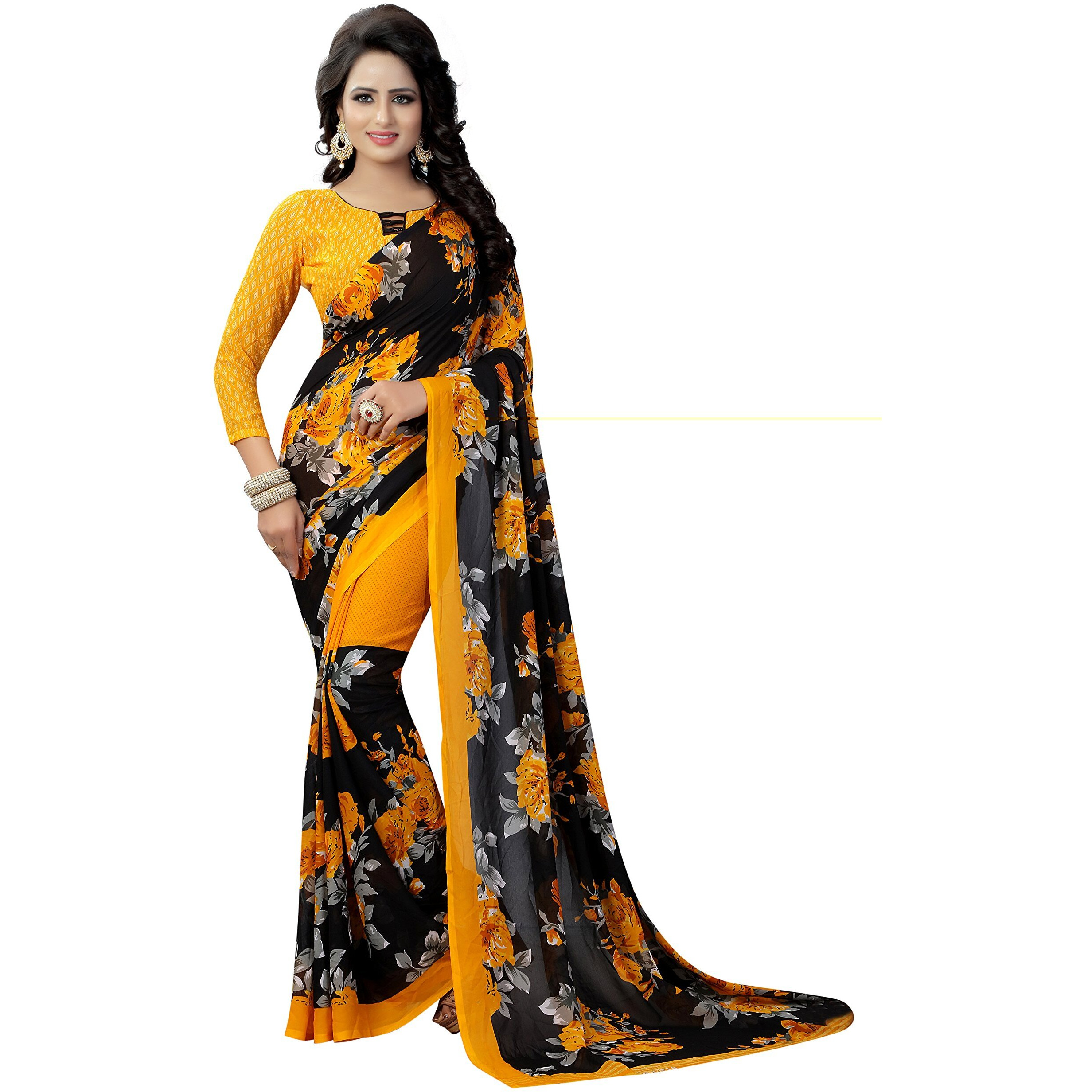 Yashika women's Georgette saree with blouse piece (Multi-Color_Free_Size) SDPL-FLORAL YELLOW