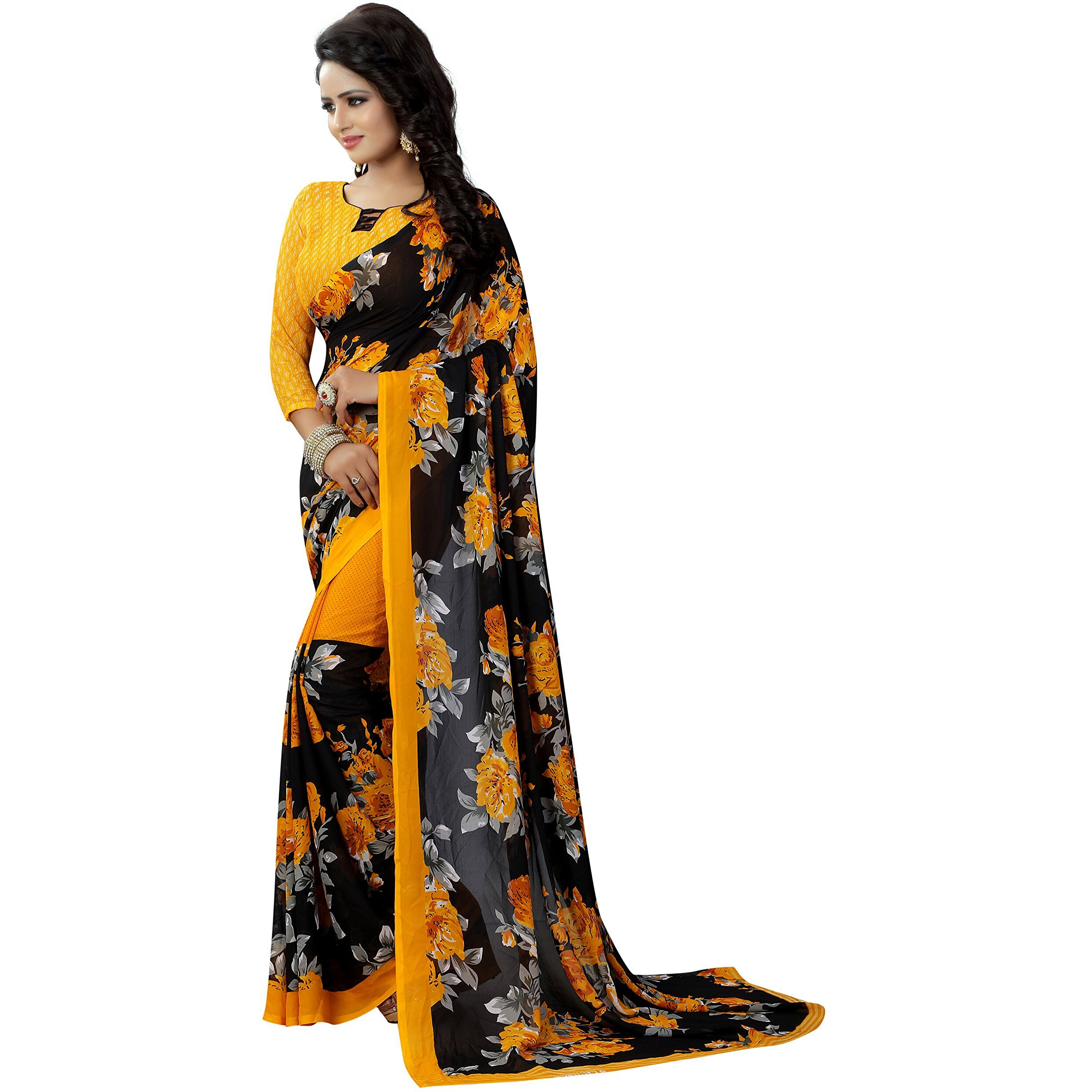Yashika women's Georgette saree with blouse piece (Multi-Color_Free_Size) SDPL-FLORAL YELLOW