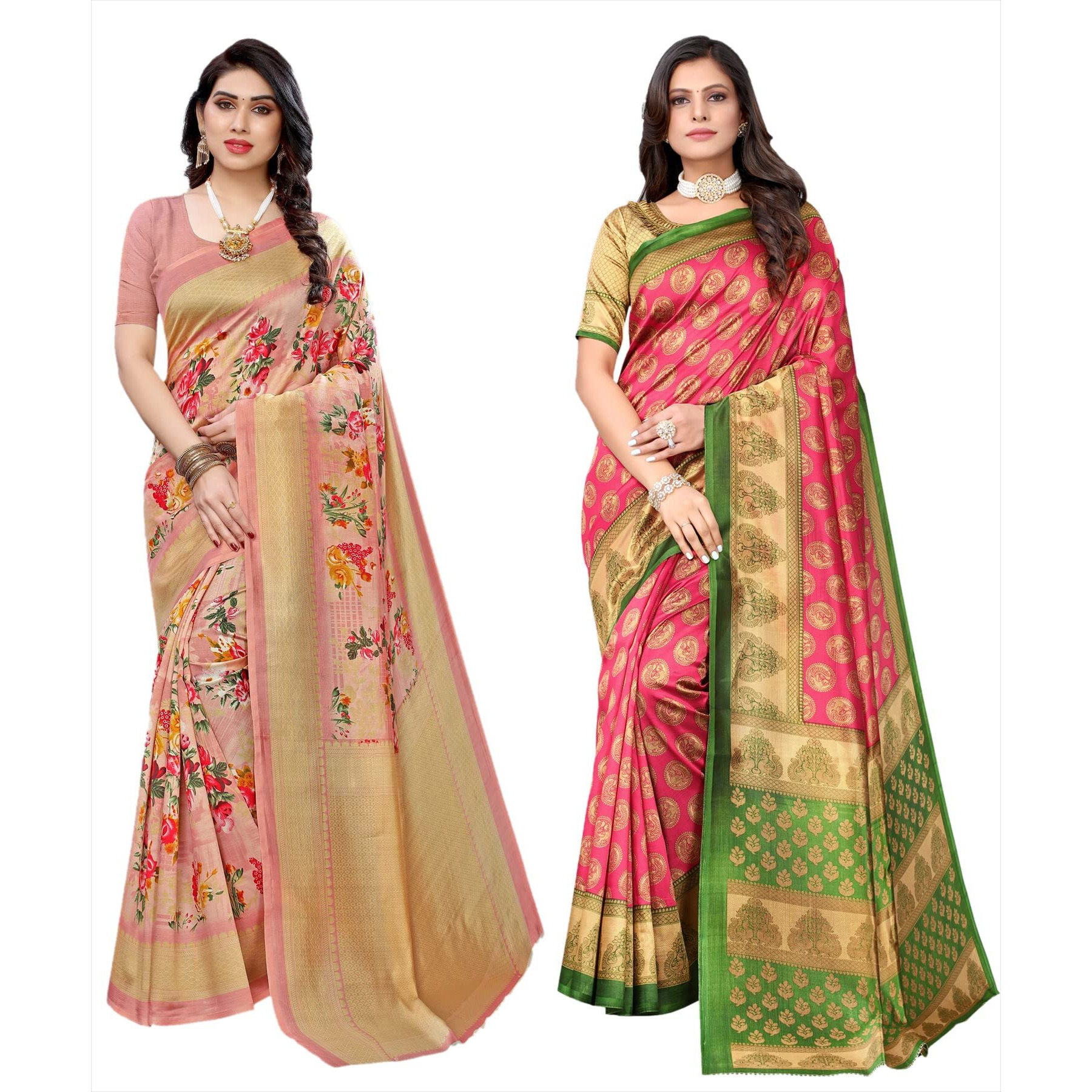 Yashika Women's Combo Art Silk Printed Saree With Blouse Piece Pack Of 2(AIR PEACH-ALIFA PINK)