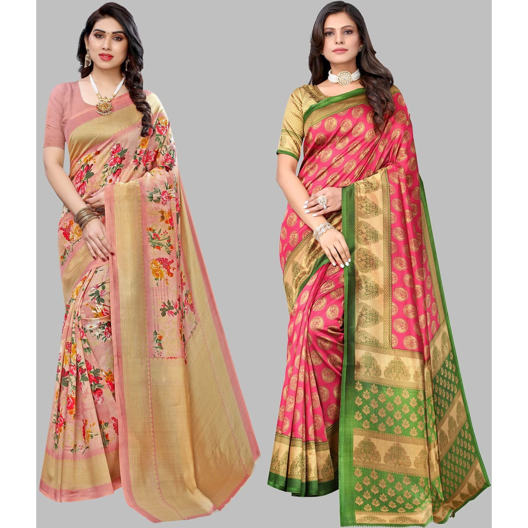 Yashika Women's Combo Art Silk Printed Saree With Blouse Piece Pack Of 2(AIR PEACH-ALIFA PINK)