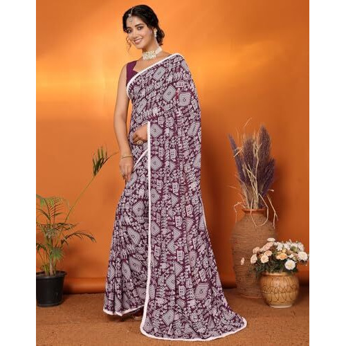 Yashika with Unstitched Blouse Material Lace Border Georgette Women's Printed Saree (AZ-YS-P3-ARSHA-Parent_Purple)