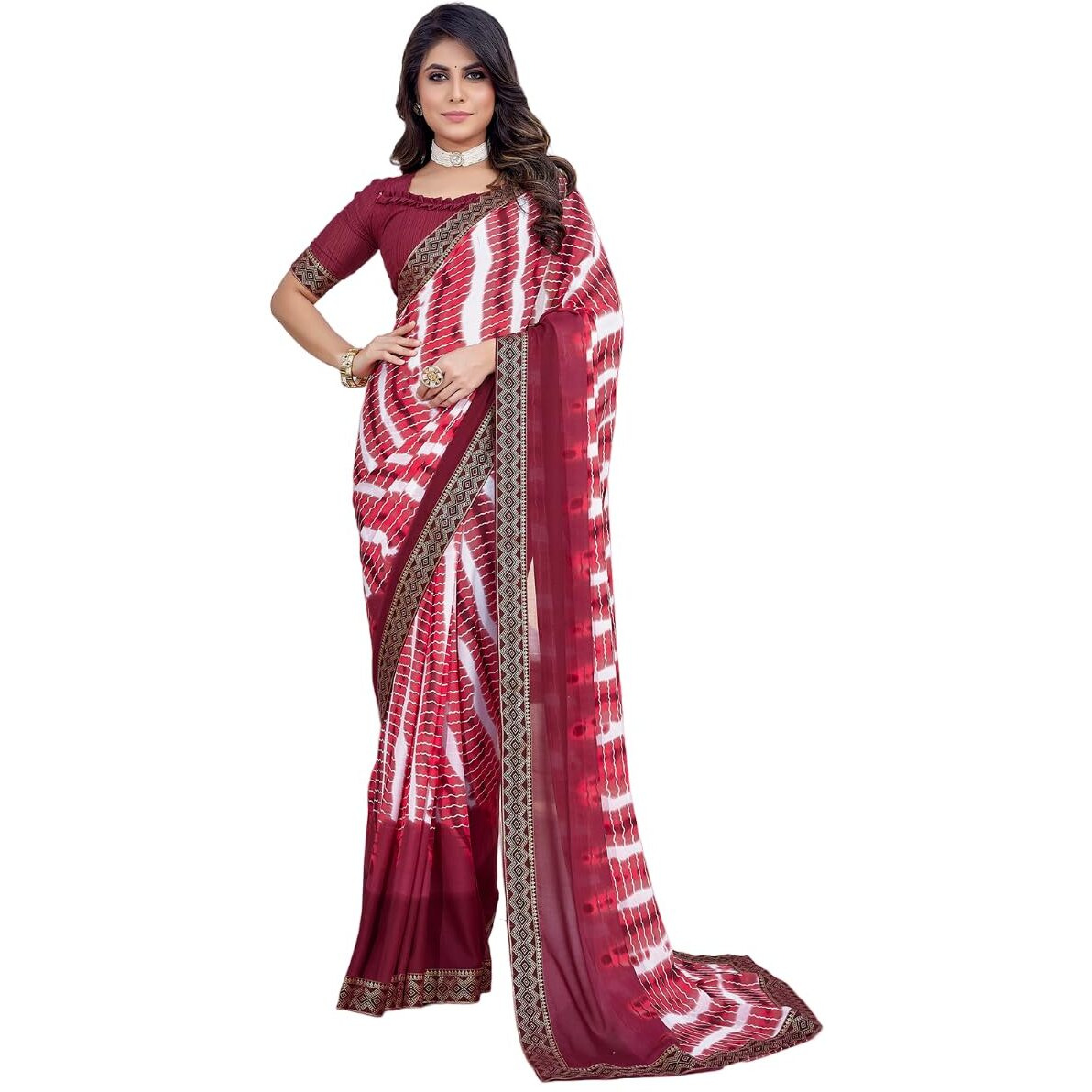 Yashika Women's Beautifull Printed Jacquard Lace Georgette Saree with Blouse Material||Maroon Coloured Georgette Saree||AZ-YS-P1-STYLISH MAROON