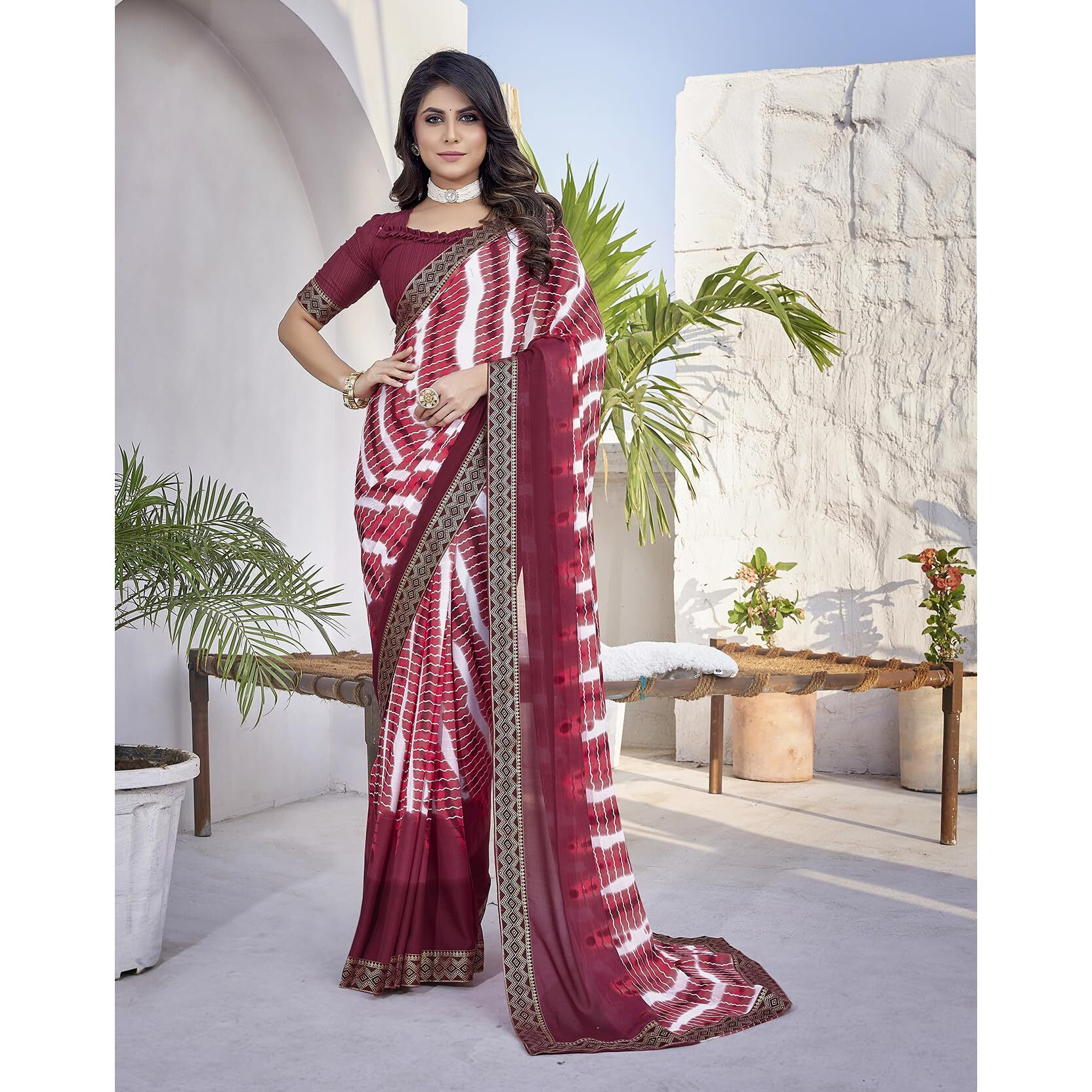 Yashika Women's Beautifull Printed Jacquard Lace Georgette Saree with Blouse Material||Maroon Coloured Georgette Saree||AZ-YS-P1-STYLISH MAROON