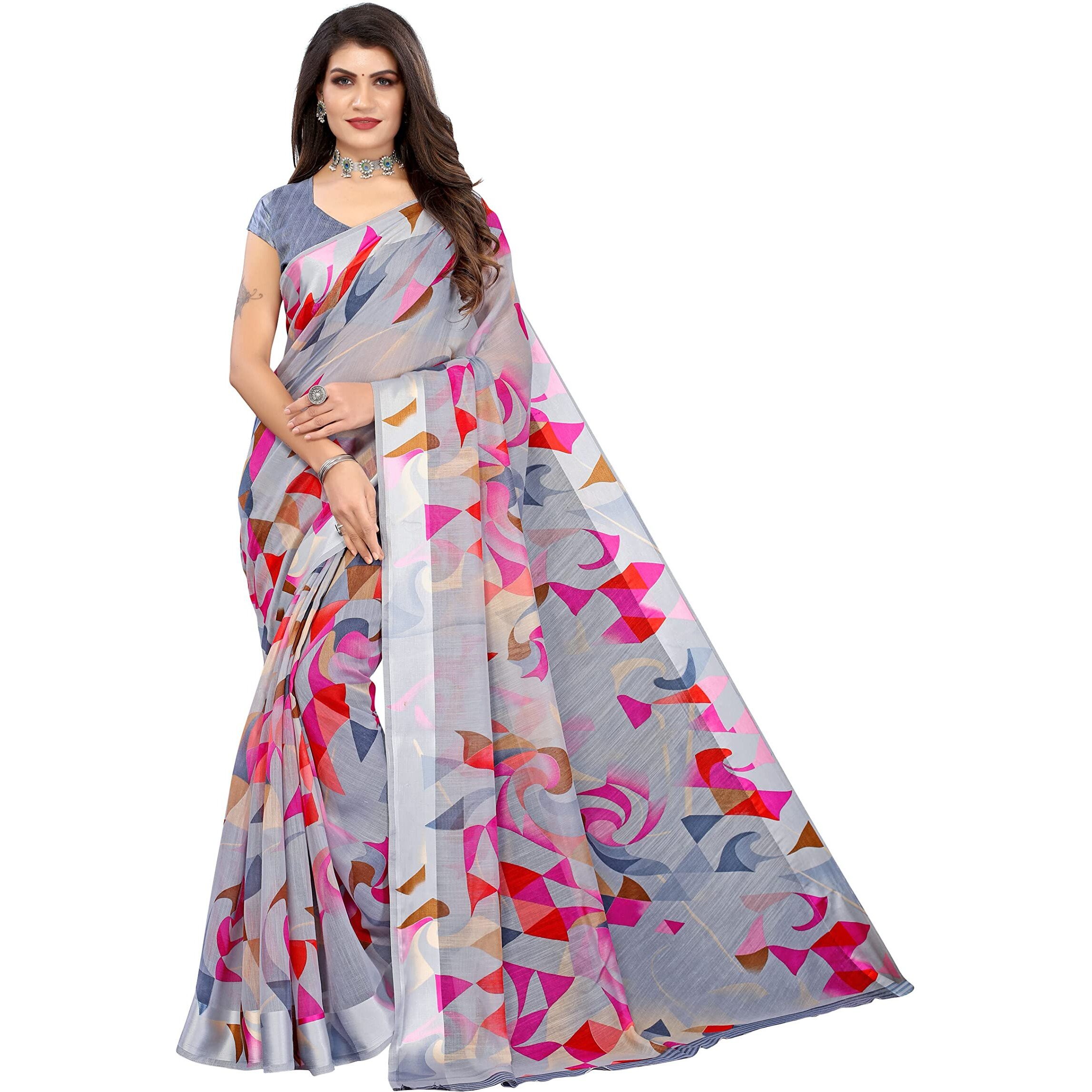 Yashika Women's Printed Linen Saree With Blouse Piece(SATRANGI GREY)