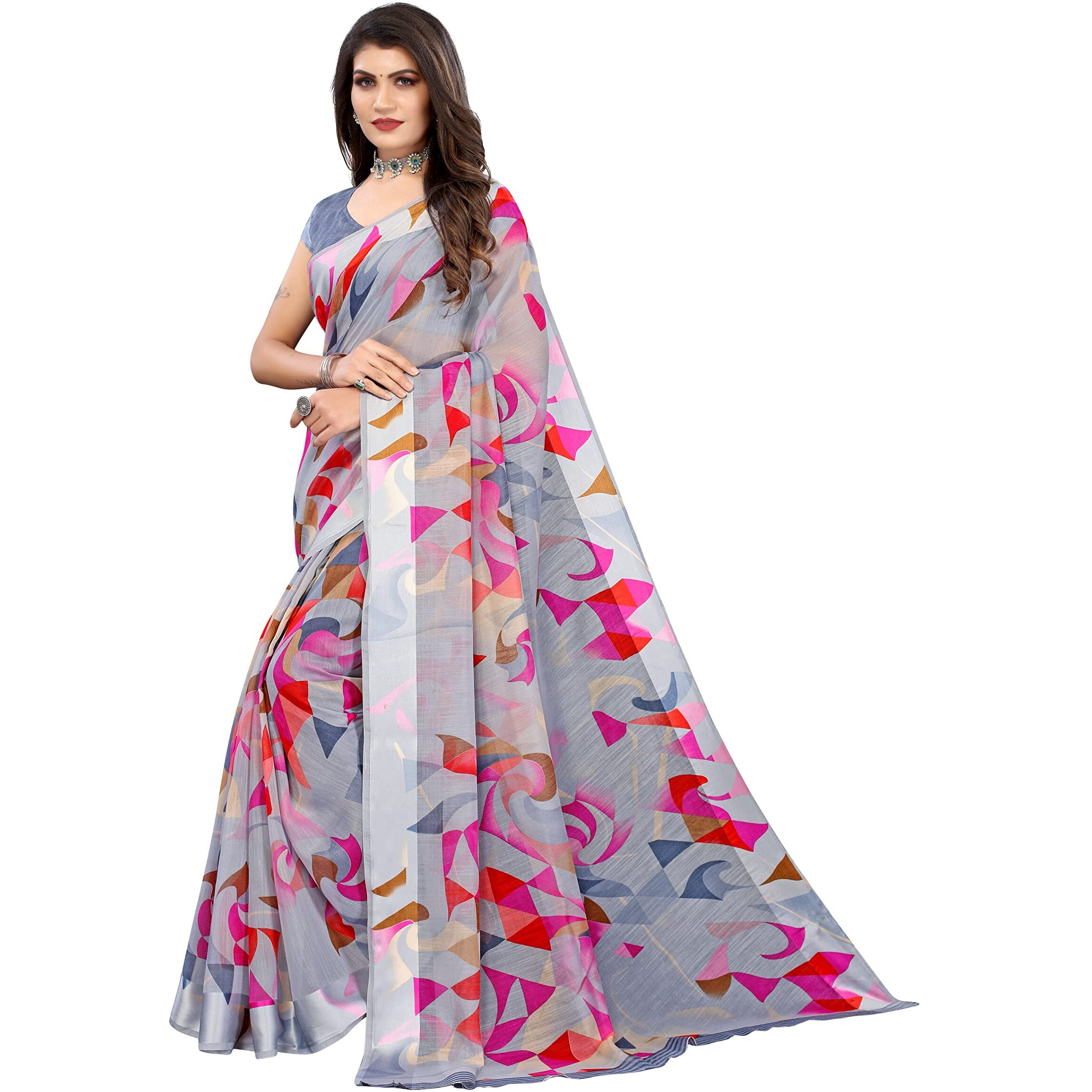 Yashika Women's Printed Linen Saree With Blouse Piece(SATRANGI GREY)