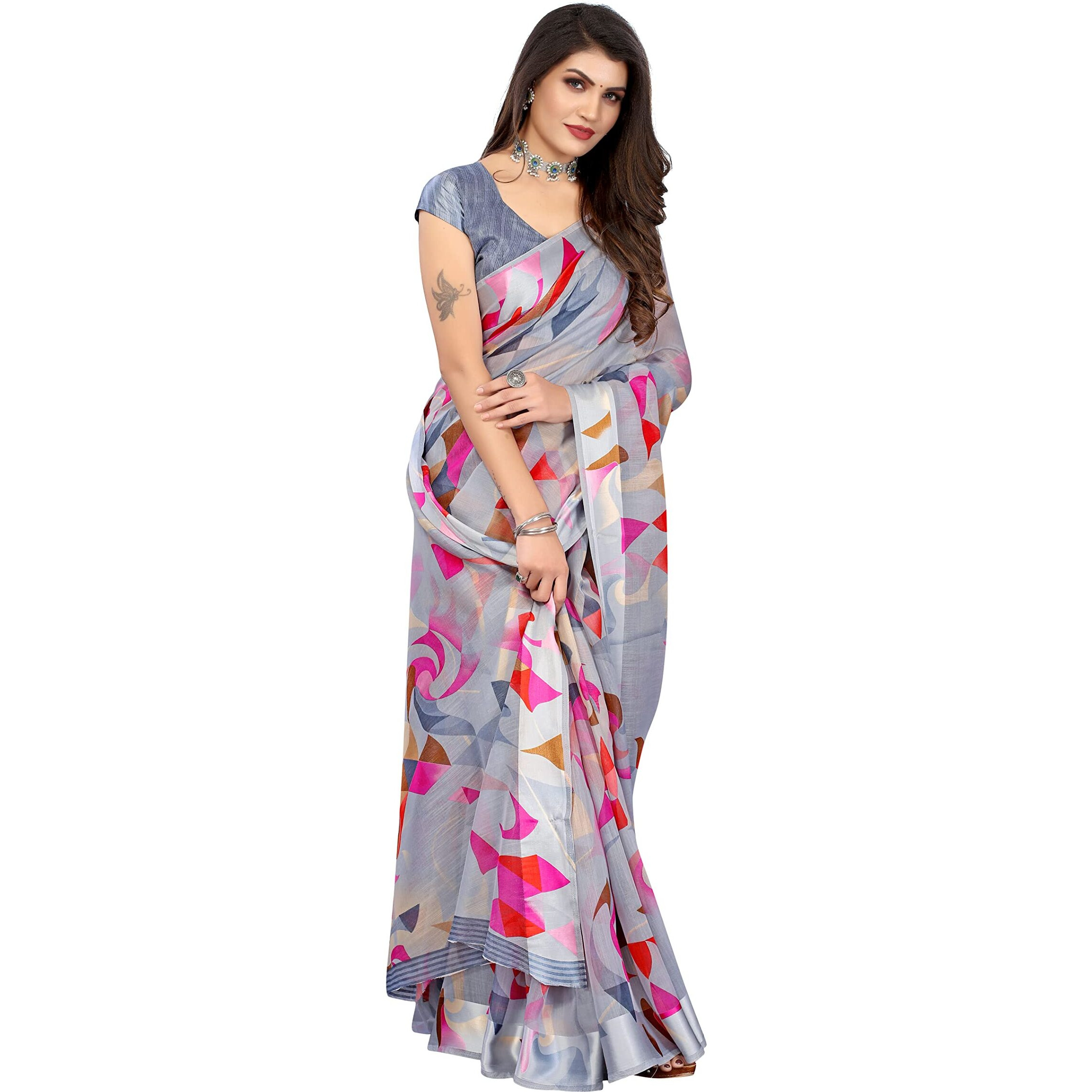 Yashika Women's Printed Linen Saree With Blouse Piece(SATRANGI GREY)
