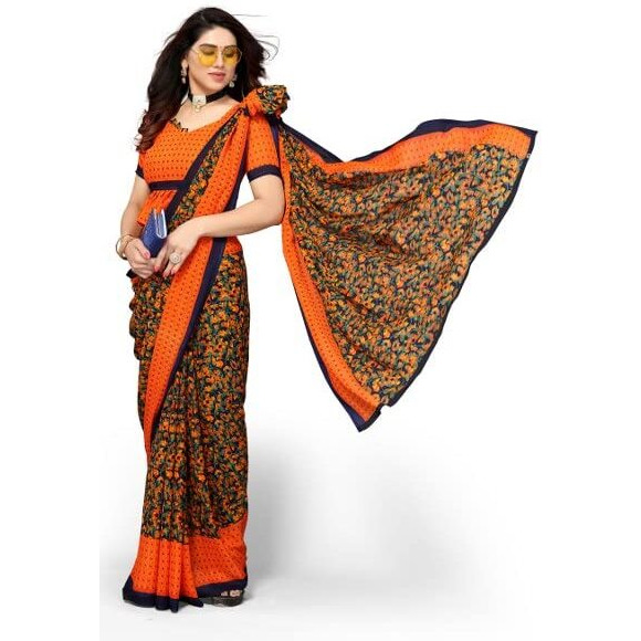 Yashika Womens Georgette Printed Saree With Blouse Piece(NAMRATA ORANGE_N_Free Size)