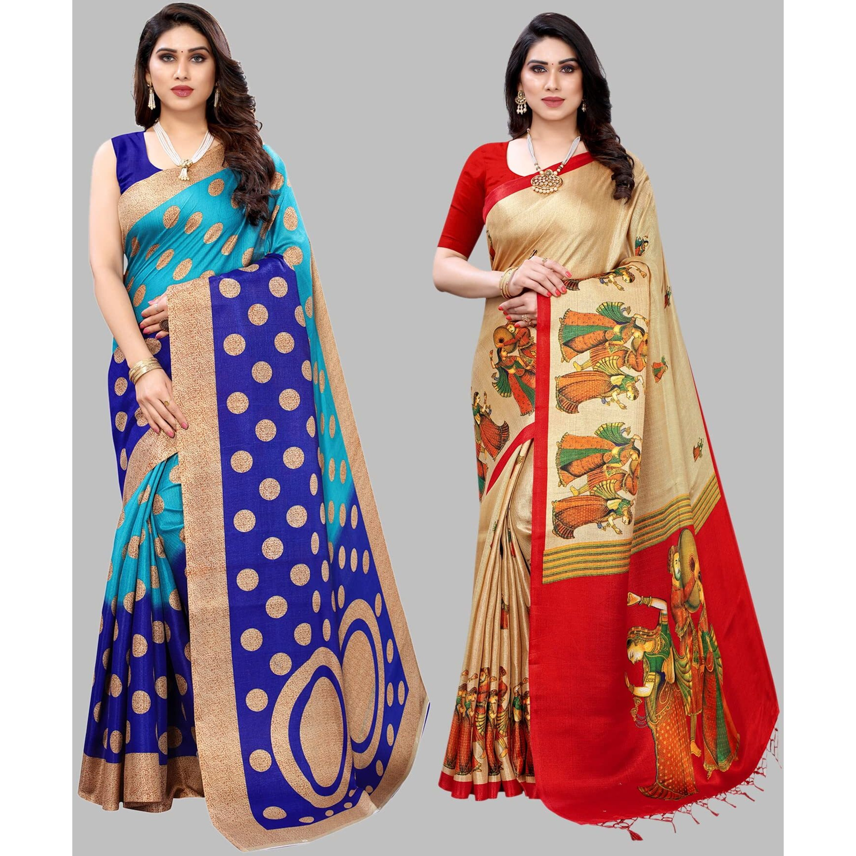Yashika Women's Combo Art Silk Printed Saree With Blouse Piece Pack Of 2(KORA BLUE-RAJARANI CHICKU)