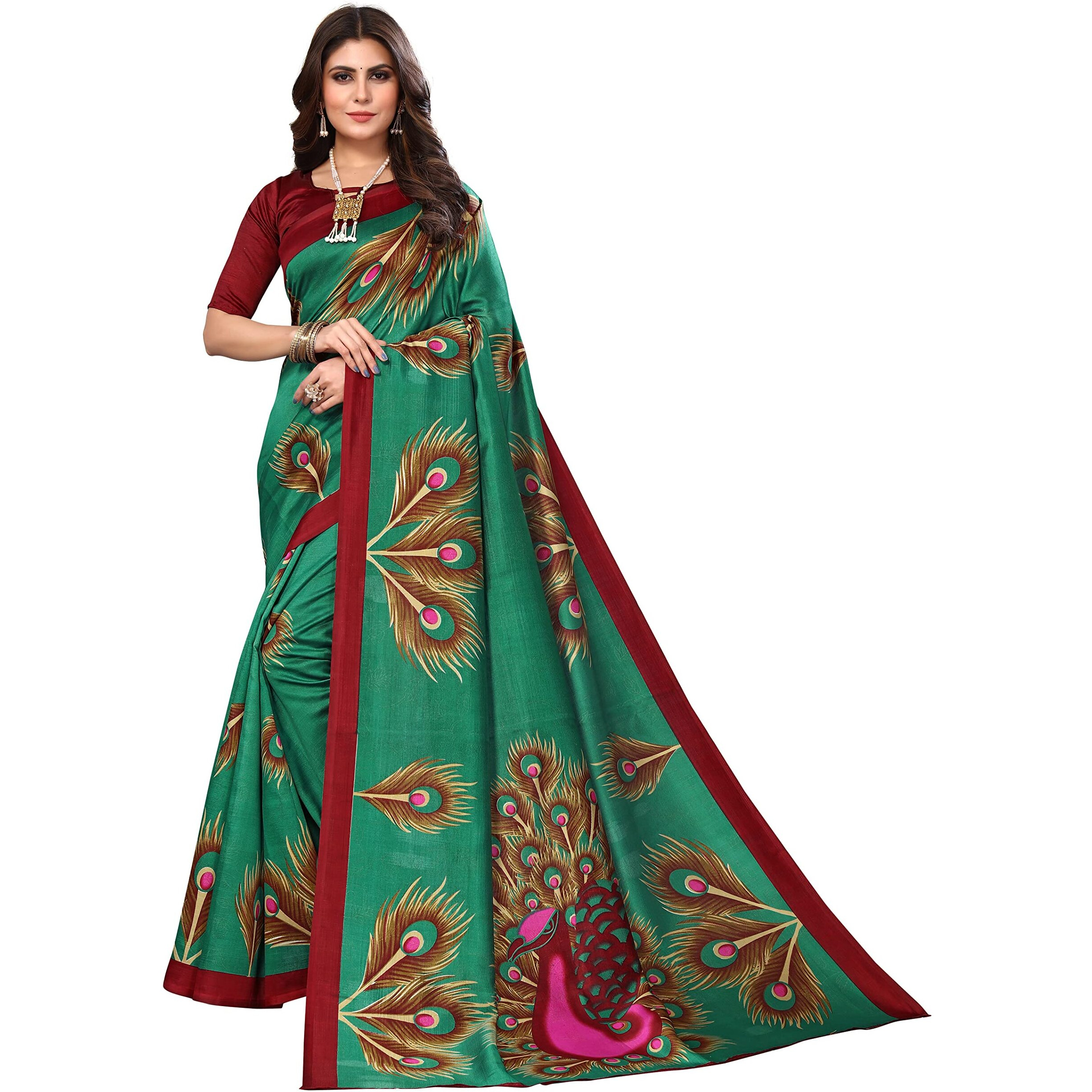 Yashika Women's Jacquard Art Silk Standard Length (Green Peacock