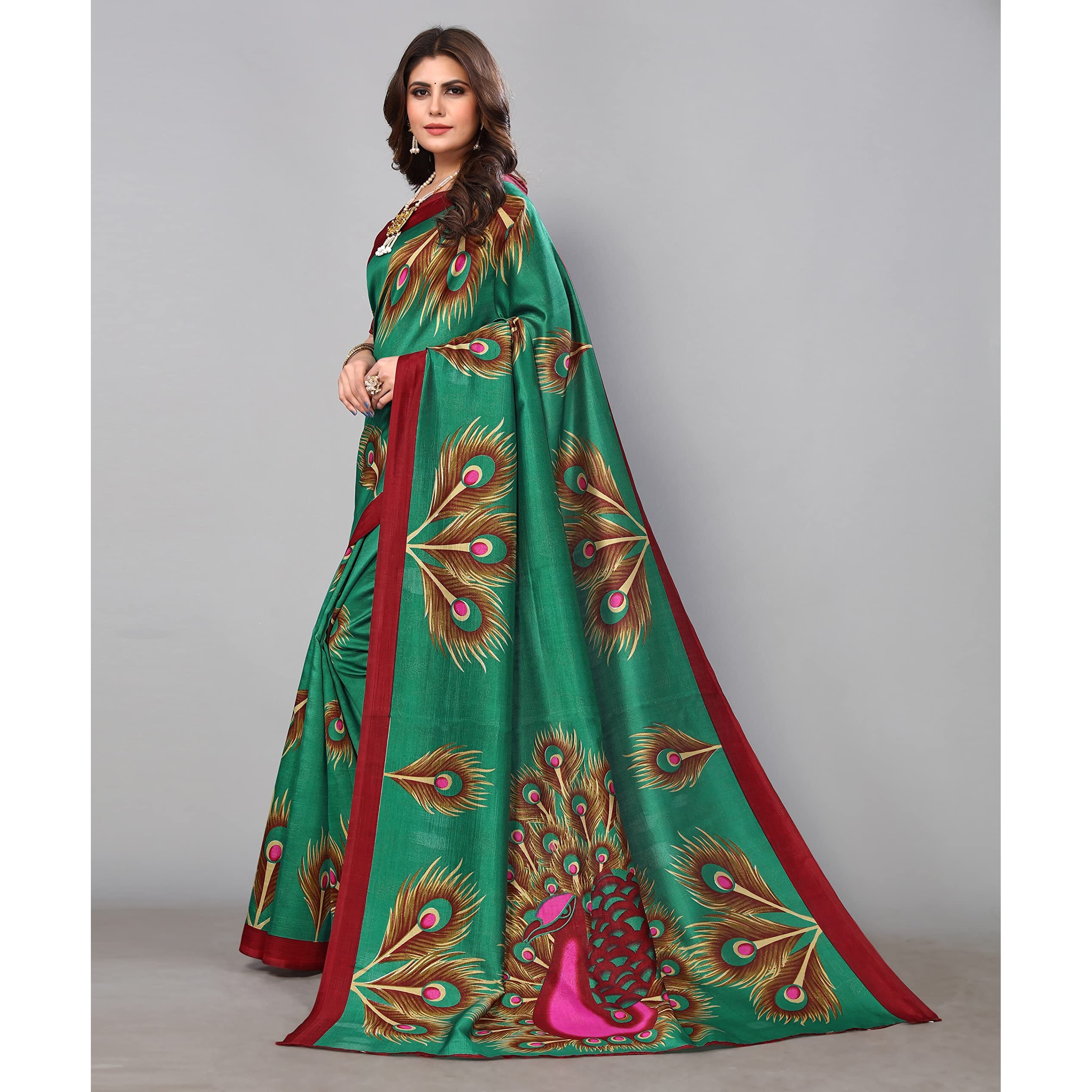 Yashika Women's Jacquard Art Silk Standard Length (Green Peacock