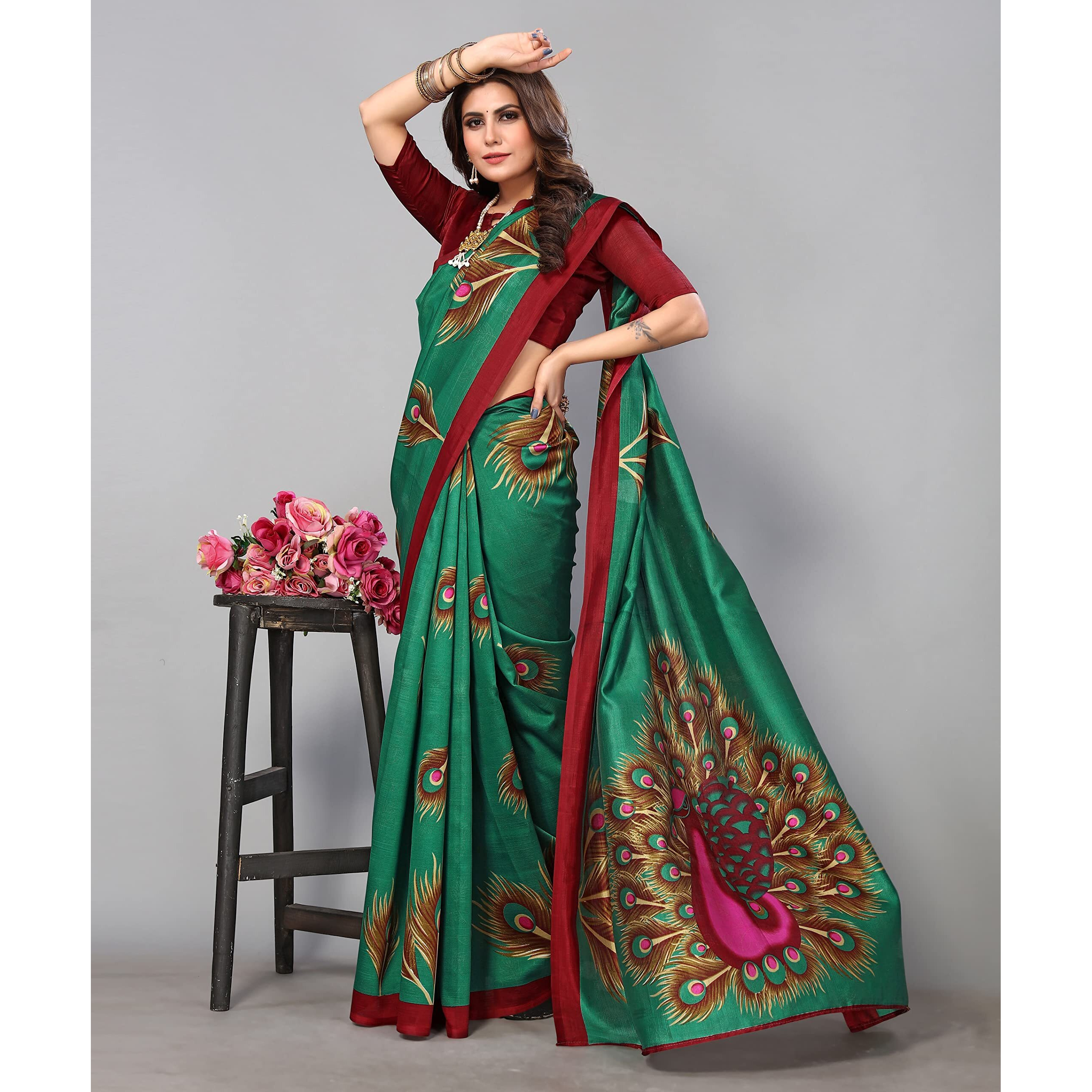 Yashika Women's Jacquard Art Silk Standard Length (Green Peacock