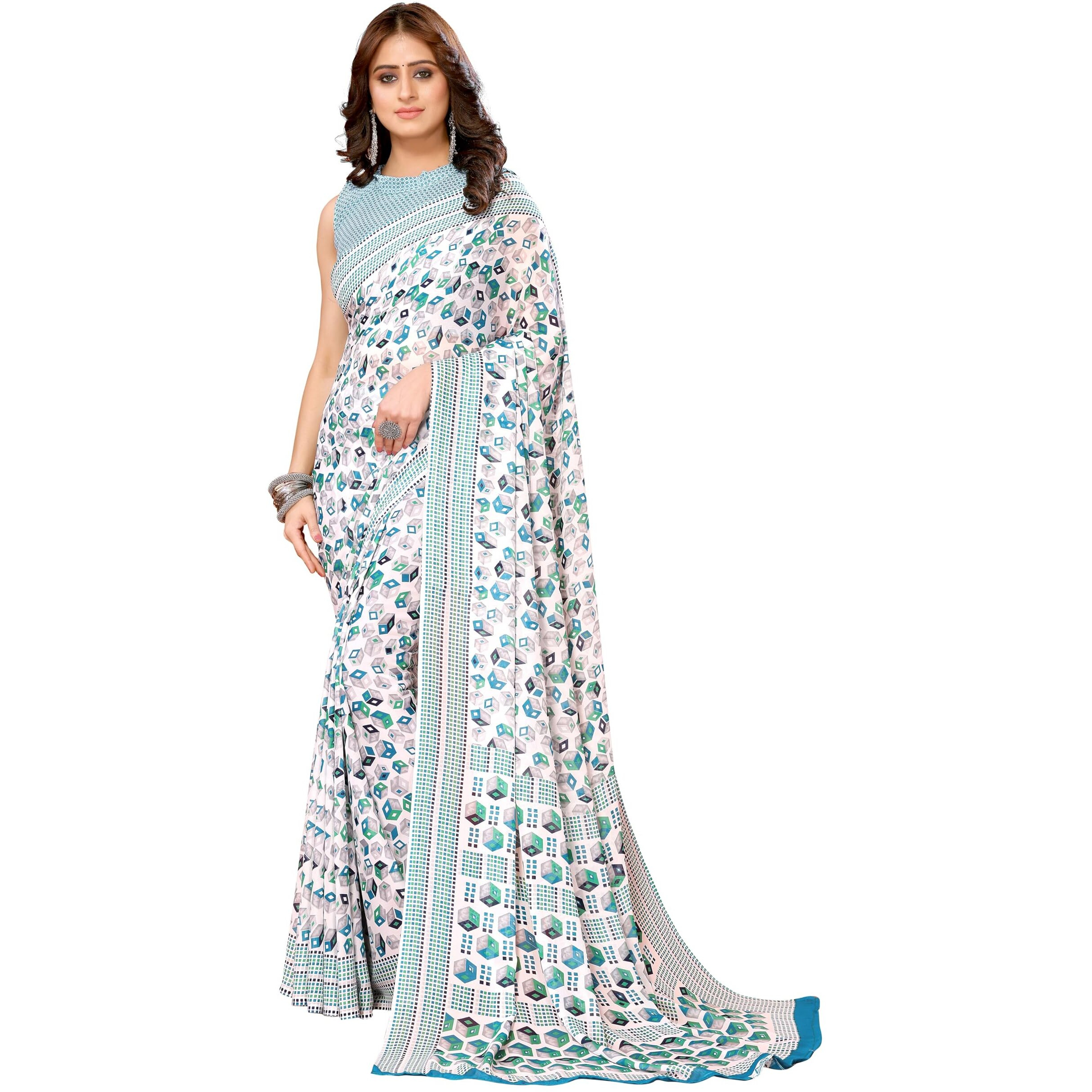 Yashika Women's Trendy Georgette Sky Blue Color Saree with Blouse Material(JUNALI SKY BLUE)