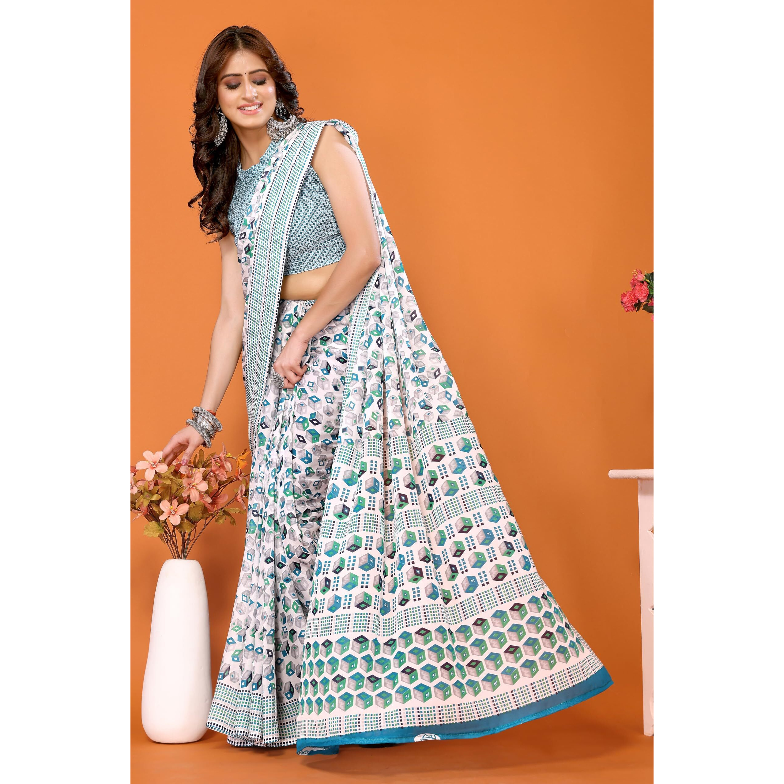 Yashika Women's Trendy Georgette Sky Blue Color Saree with Blouse Material(JUNALI SKY BLUE)