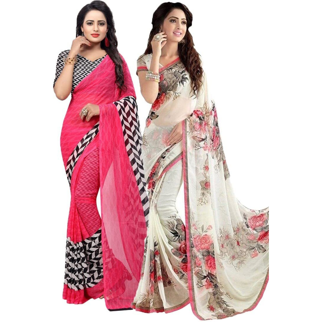 Yashika Women's Jacquard Pure Georgette Saree Combo (PIKU Pink_APSARA White 4)