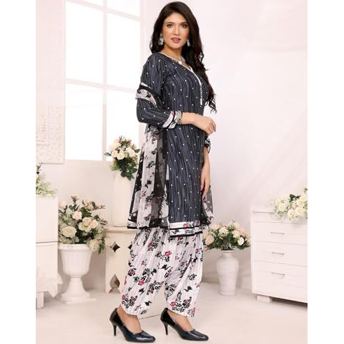 Yashika Women's Printed Dress Material - Unstitched Crepe Fabric Kurti, Pants & Dupatta Set (AZ-YS-P1-ABHILASHA BLACK)