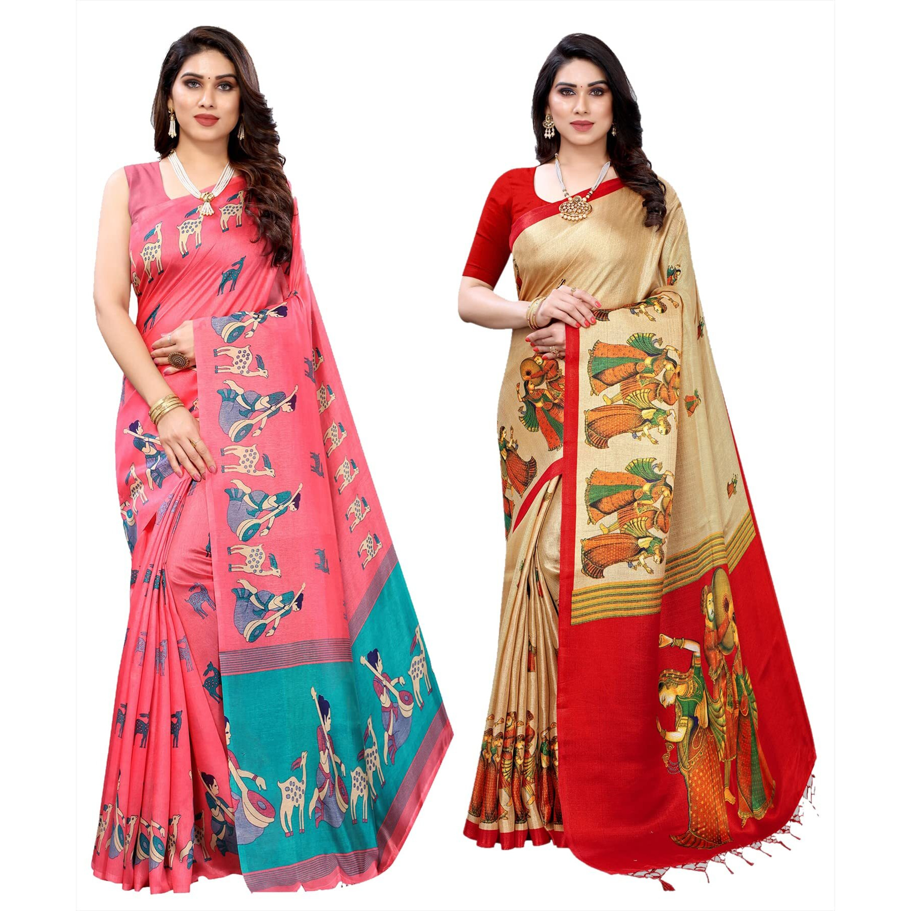 Yashika Women's Combo Art Silk Printed Saree With Blouse Piece Pack Of 2(MAITHALI PINK-RAJARANI CHICKU)