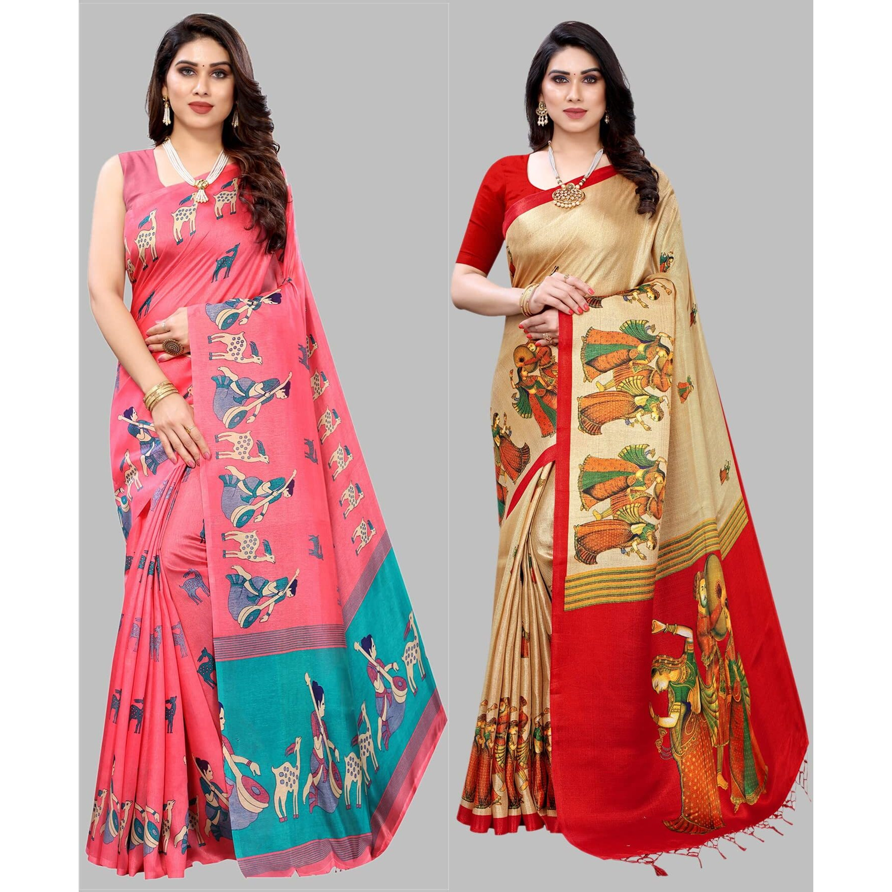 Yashika Women's Combo Art Silk Printed Saree With Blouse Piece Pack Of 2(MAITHALI PINK-RAJARANI CHICKU)