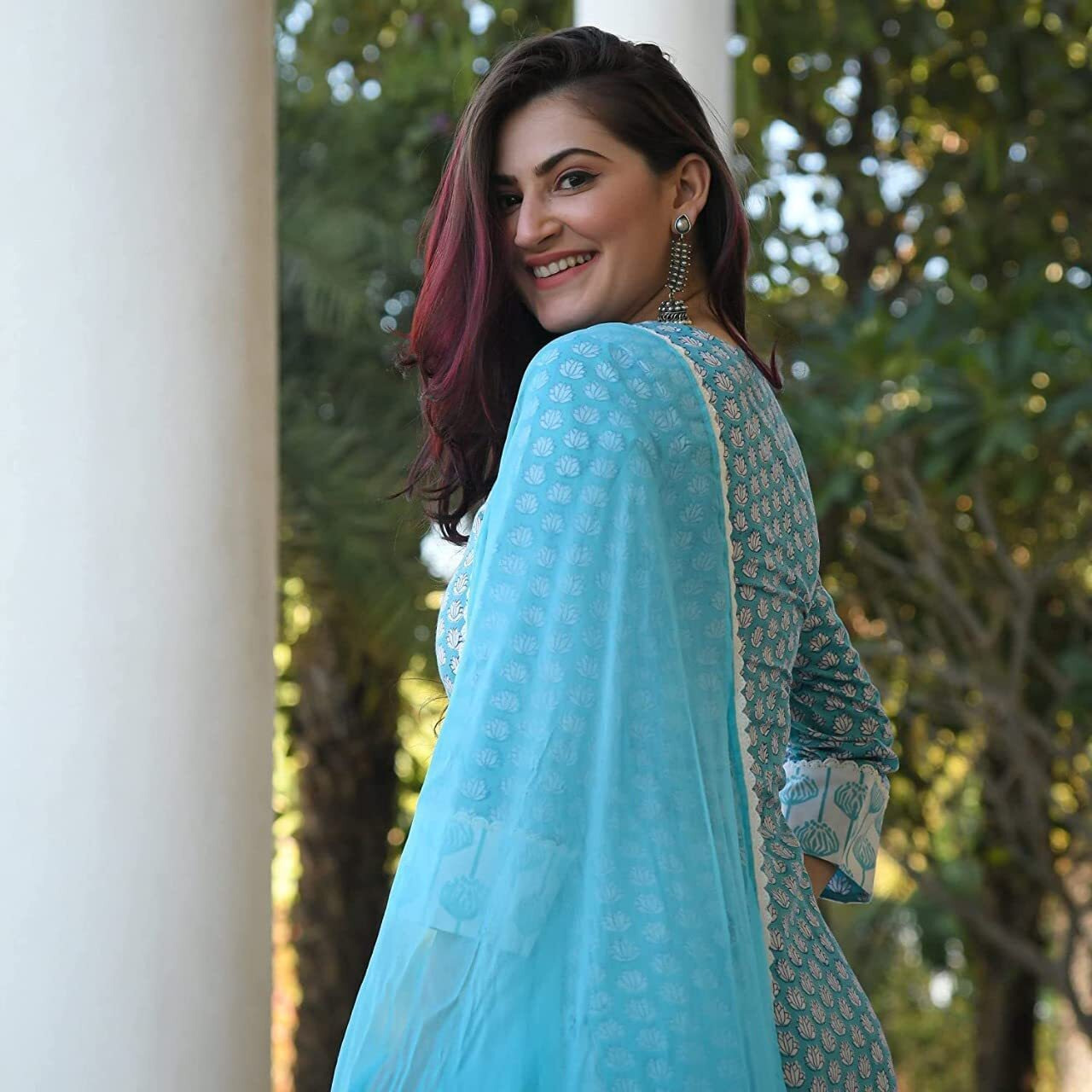 ANNI DESIGNER Women's Cotton Blend Printed Straight Kurta with Pant & Dupatta (Sky Bird-Blue_S_Blue_Small)