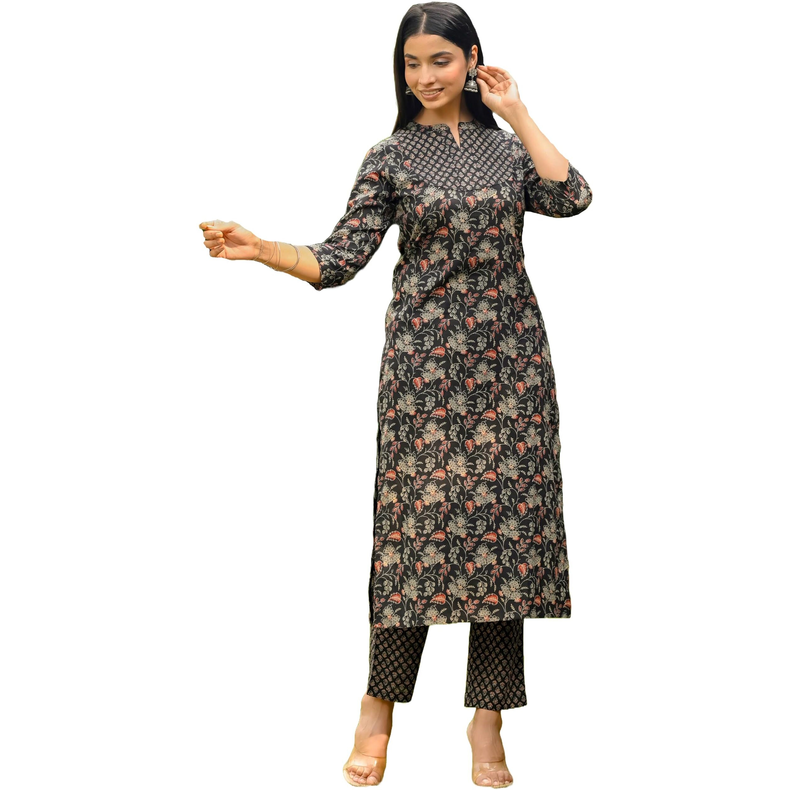 ANNI DESIGNER Women's Rayon Blend Straight Printed Kurta with Pant (OMMY Black_M_Black_Medium)