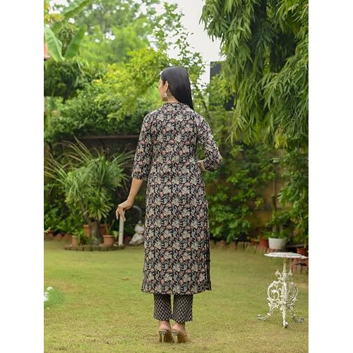 ANNI DESIGNER Women's Rayon Blend Straight Printed Kurta with Pant (OMMY Black_M_Black_Medium)