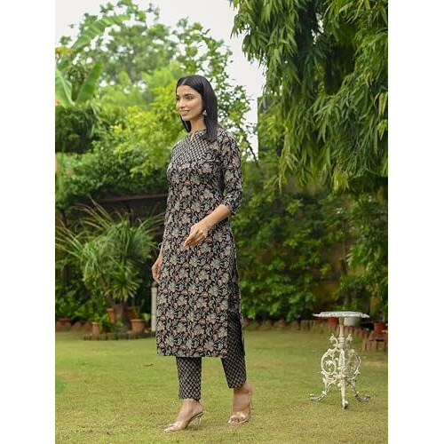 ANNI DESIGNER Women's Rayon Blend Straight Printed Kurta with Pant (OMMY Black_M_Black_Medium)